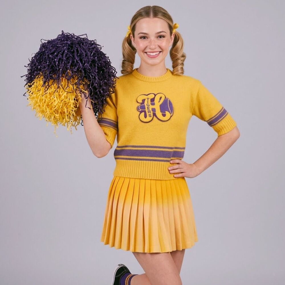 Real Vintage Cheerleading Uniform Sweater Skirt 50s pom pom Yellow Purple Wool S